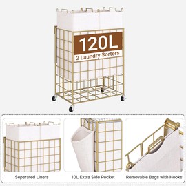 DXIGUSO Laundry Basket with Wheels, Heavy Duty Laundry Sorter 2 Sections, 120L (32Gal.) Large Capacity Hamper with Wood Lid, 360 Rolling Wheels, Extra Side Pocket, Leather Pull Handle, Golden+Beige