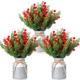 Tioncy 3 Sets Christmas Centerpieces for Tables Artificial Christmas Picks with Vase 120 Artificial Norfolk Pine Branch Faux Cedar Pine Stem and 90 Berry Stems for Xmas Indoor Home Office Table