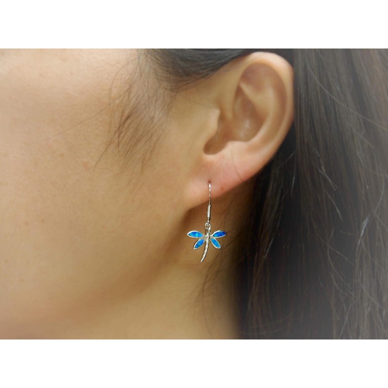 Sterling Silver Synthetic Blue Opal Dragonfly Dangle Earrings
