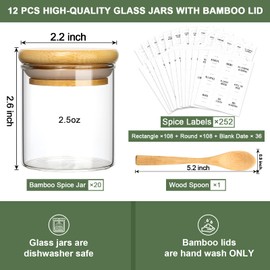 GMISUN Spice Jars with Bamboo Lids, 20 Pack 2.5oz Glass Spice Containers with Labels, Small Empty Round Spice Bottles with Airtight Lids, Mini Clear Minimalist Food Jars & Canisters for Kitchen