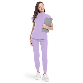 niaahinn Scrubs Set for Women Nurse Uniform Jogger Suit Stretch Top & Pants with Multi Pocket for Nurse Esthetician Workwear (Lavender, X-Large)