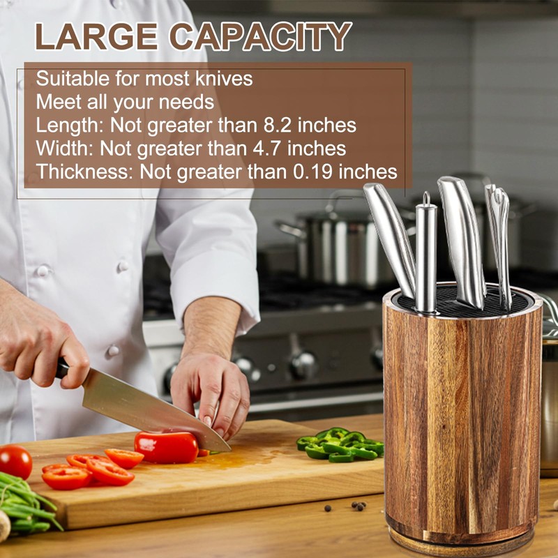 Hushee Wooden Knife Holder Block with Plastic Lid, 360° Rotating