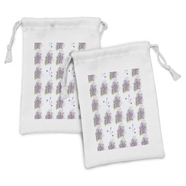 Ambesonne Violet Fabric Pouch Set of 2, Spring Themed Isolated Lavender Lilac Flowers Layout Alongside Butterflies, Small Drawstring Bag for Toiletries Masks and Favors, 9" x 6", White and Multicolor