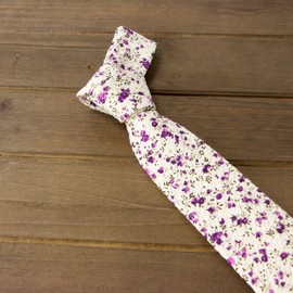 Spring Notion Men's Salt Shrinking Seersucker Cotton Floral Print Necktie 10-Ivory Purple