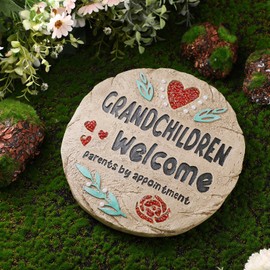 Yuntau Garden Stone Grandchildren Welcome Garden Decor 10 Inch Garden Stepping Stone Grandparents Gifts Resin Grandparents Garden Decor Spring Home Decorations for Garden Lawn Home Decor Holiday Gift