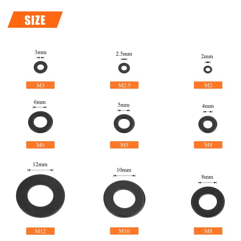 900 Pieces Black Zinc, HELIFOUNER Flat Washers Assorted Kit, Flat