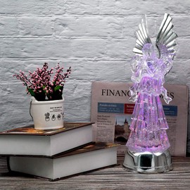 Wondise 14” Color Changing Angel Lighted Water Lamp with 6 Hour Timer, Battery Operated LED Angel Lights Swirling Water Glitter Christmas Home Decor(Angel Trumpet with Large Wings)