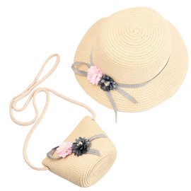 Tinsellns Adorable Girls Sun Hat and Mini Purse Set with Flower Decoration for Summer Beach and Outdoor Activities Beige