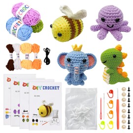 4 Pieces DIY Crochet Set with Crochet Pocket and Instructions, Knitting Set for Beginners, with 4 Different Animal Crochet Instructions (Elephant/Dinosaur/Bee/Octopus) for Beginners Animals