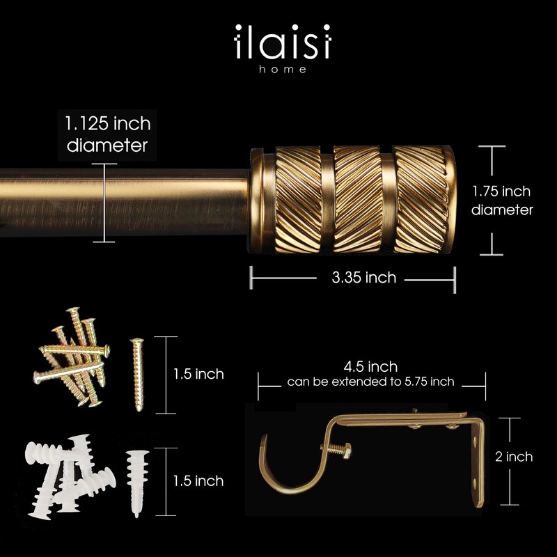 ILAISIHOME 1-1/8 Inch Diameter Antique Gold Curtain Rods with Knurl