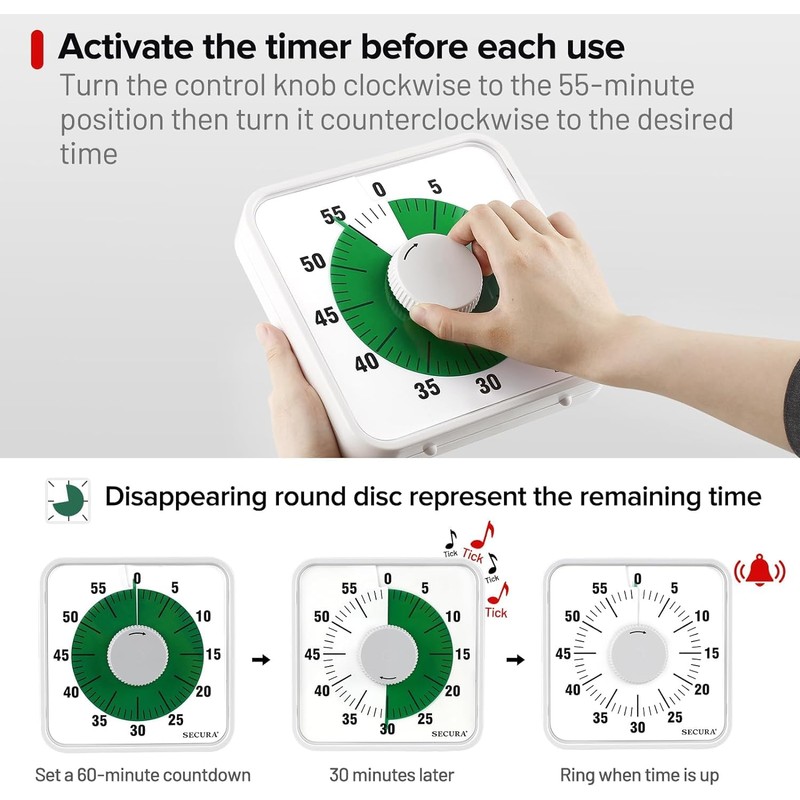 Secura 7.5 Inch Visual Timer, 60 Minute Oversize Visual Countdown