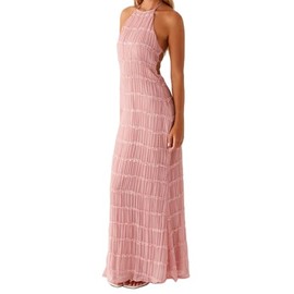Women Backless Maxi Beach Dress Spaghetti Strap Halter Smocked Long Dress Flowy Vacation Sundress Pink