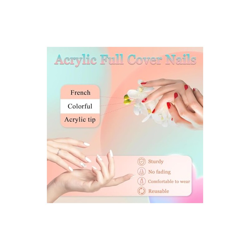 LONEOURS 24pcs French Almendra Nails, Acrílico, Cobertura completa, Uñas Falsas,