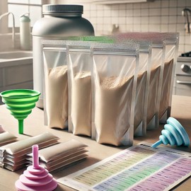 Gormenland 100pcs Protein Powder Container Set, Protein Powder Storage Container To Go, Powder Dispensers with Funnel and Labels for Travel Fitness Workout Trip