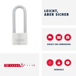 ABUS ABUS Vorh?ngeschloss Titalium 64TI/50HB80 mit hohem Bgel - Kellerschloss mit Schlossk?rper aus Spezial-Aluminium - geh?rteter Stahlbgel - ABUS-Sicherheitslevel 6
