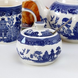 Darthome Sugar Pot with Lid Blue Willow Ceramic English Tableware Serving Storage Bowl