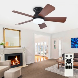 Depuley Modern Ceiling Fan with Light: 35-Inch Black Small Fans for Bedroom Indoor Outdoor - Dimmable Low Profile Ceiling Fans with Remote Control Flush Mount 5 Reversible Walnut Blades 6 Speeds Timer