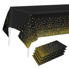 Milifox Tablecloths 4 Pack Rectangle Disposable Plastic Table Cloth Black Gold Dot Cover for Birthday Wedding Anniversary Graduation Holiday Party Decorations (4 Pack Black and Gold Dot)