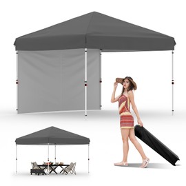 10x10 Instant Pop-Up Canopy with 1 Sidewall – Easy 1-Button Setup, Includes Roller Bag, 3 Height Settings & 4 Weight Bags – Perfect for Backyard, Beach, Sports & Parties,Grey