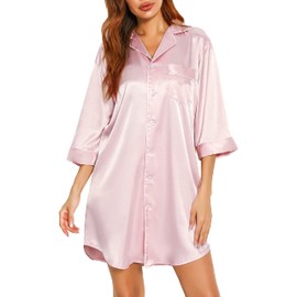 Vlazom Women's Silk Nightshirt Button Down Satin 3/4 Sleeve Nightgwon Boyfriend Sleepshirt Notch Collar Sexy Nightdress Pink,XL