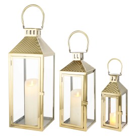 Set of 3 Luxury Wedding Lantern Set Hanging Stainless Steel Lantern Square Glass Candle Lantern With Handlecolor: Gold, size: Set of 3