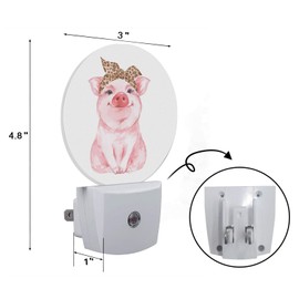 Axayaz Pig LED Night Light Pink Farm Animal Funny Cute Piggy Wearing Leopard Bandana Dusk to Dawn Round Lamp Auto Sensor for Bathroom Hallway Living Room