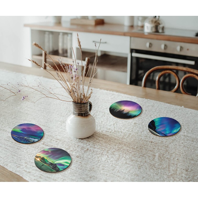 4 x Round Northern Lights Coasters - Norway Boraelis Men