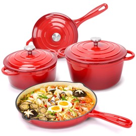 Hisencn Enameled Cast Iron Cookware Set - 7 Piece Set of Dutch Ovens, Sauce Pan, Skillet, 3 Lids, Dutch Oven Set, Ceramic Nonstick Coated, Heavy Duty, Gas/Induction Compatible, PFA Free, Rouge Red