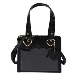 HALGIO Pain Bag, Small Size, Cute, Mini 2-Way Tote Bag, Handbag, Heart Lolita, Shoulder Bag, Croco, Croco, Croco, Black, White, Habbac,, Black