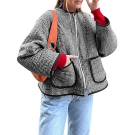 Yousify Fall Jackets for Women 2024 Trendy Oversized Zip Up Jacket Cute Plaid Down Coats Black S