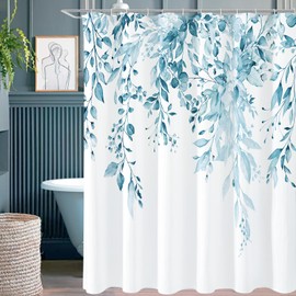 Gibelle Long Shower Curtain 72 x 78, Tall Spa Blue Floral Shower Curtain for Bathroom, Watercolor Plant Eucalyptus Leaves Fabric Shower Curtain Set