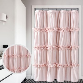 Homechoice Decor Peach Pink Ruffle Shower Curtain, Vintage Handcrafted Bow Tie Bath Curtain for Master Bathroom, Ruched Microfiber Bathroom Curtain with 8 Buttonholes, 48" W x 72" H (LQ-10)