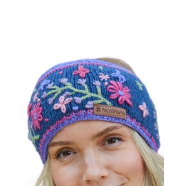 Pachamama Women Wool Ear Warmer Headband Fleece Lined Hand Embroidered Floral Blue One-Size Handmade Fair Trade