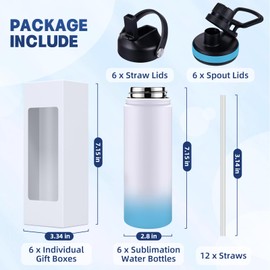 CoolSub Sublimation Sports Water Bottle Blanks, 20oz Sublimation Tumblers Double Wall Stainless Steel Sublimation Cups with Wide Mouth Lid and Straw 6 Packs