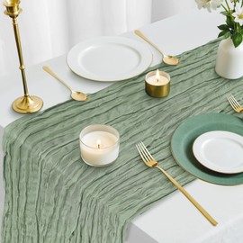10FT 6 Pack Green Cheesecloth Table Runner 35x120 inchs Romantic Boho Rustic Gauze Sage Green Sheer Cheese Cloth Table Runners for Wedding Bridal Baby Shower Tea Party Birthday Home Decorations