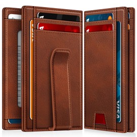 Wallet for Men 14-16 Cards, Men's Leather Wallet, Minimalist Thin Card Holder RFID Blocking Money Clip with Simplified Bill Folder & Magnetic Closure, Gifts for Men, Reddish Brown