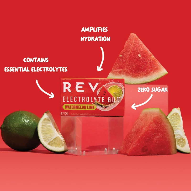 Rev Electrolyte Gum, Watermelon Lime, Sugar-Free with Essential Electrolytes,12 Count