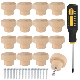Vwoqiy 16 Pcs Wooden Drawer Knobs, Wooden Cupboard Knobs, Wooden Cabinet Door Knobs, Round Wooden Door Knobs Wooden Door Handles for Furniture Wardrobe Dresser Pulls Knobs, 1.4 Inch, with Screwdriver