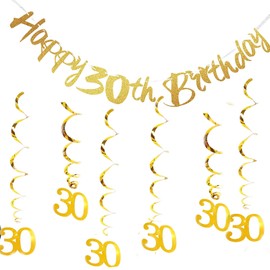 Melhope 30th Birthday Party Decorations Gold Happy Birthday Bunting Banner with 6pcs Hanging Swirls Streamers for Men Women Party Decor Supplies