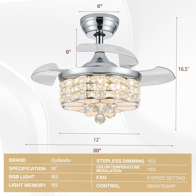 Zynfandor 30" RGB Crystal Retractable Ceiling Fan with Light Dimmable