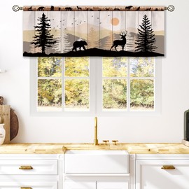 Laifzere Farmhouse Forest Cabin Curtain Valance for Window Treatments Rustic Wooden Rod Pocket Kitchen Treatment Tree Country Deer Bear Drapes for Bathroom Bedroom Living Room 1 Panel (52x18 Inch)