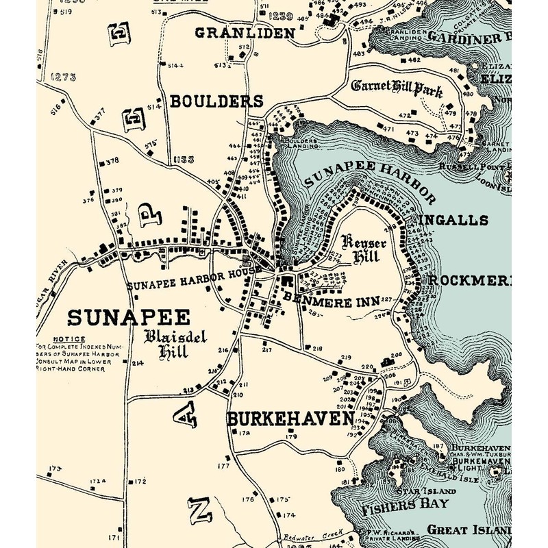Lake Sunapee NH 1915 Map - House Sites - by