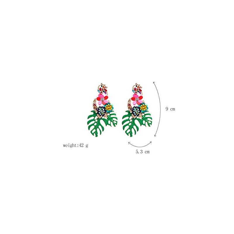 Green Enamel Leaf with Colourful Flowers Statement Earrings