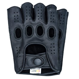 Riparo Mens Genuine Leather Reverse Stitched Fingerless Half-Finger Driving Motorcycle Gloves (X-Large, Black)