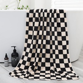 Lkw Ogechi 70x140CM Coral Velvet Soft Bath Towel, Black and White Checkerboard Bathroom Towels, Quick Dry Highly Absorbent Microfiber Bath Sheets, Super Fluffy Towel for Travel, Vacation and Daily Use
