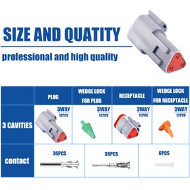 126PCS 3 Pin Way Deutsch DT Gray Connector 12 Set，Size 16 Stamped Contacts Waterproof Electrical Wire Connector with Seal Plug for Truck, Off-Road Vehicles, Marine, Motorcycle Wiring
