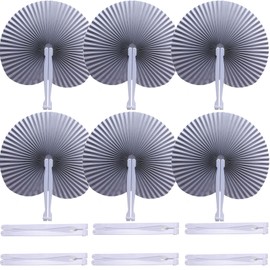 Bestage 12 Pieces Folding Hand Paper Fans Handheld,Silver Round Foldable Decorative Wedding Fans Chinese and Japanese Fans Bulk for Bridal Guest Church Party Favors Dancing Birthday DIY