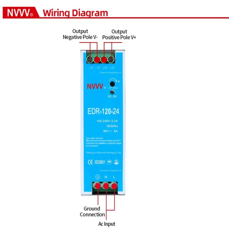 NVVV EDR-120-24 120W 24VDC 5Amp Industrial DIN Rail Power Supplies