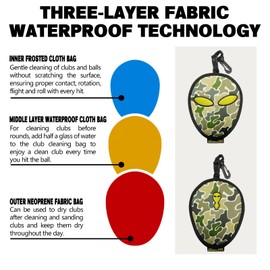 GOLDALIENS Golf Club Cleaner & Ball Cleaning Bag,Original Three-Layer Fabric Waterproof Technology,Golfer's Ultimate Green Clean Scrub Equipment Accessories,Removable Clips to Support Machine Washing