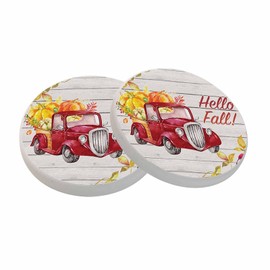 oFloral Hello Fall Coasters for Drinks Pumpkin Leaves Red Car Harvest Cups Place Mats for Home Decor Set of 2, 4 Inch